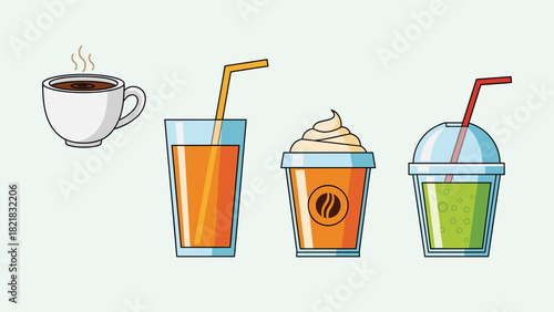 Assortment of beverages illustration coffee juice smoothie with straws vector design