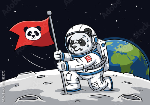 Astronaut panda on moon holding flag in space cartoon illustration