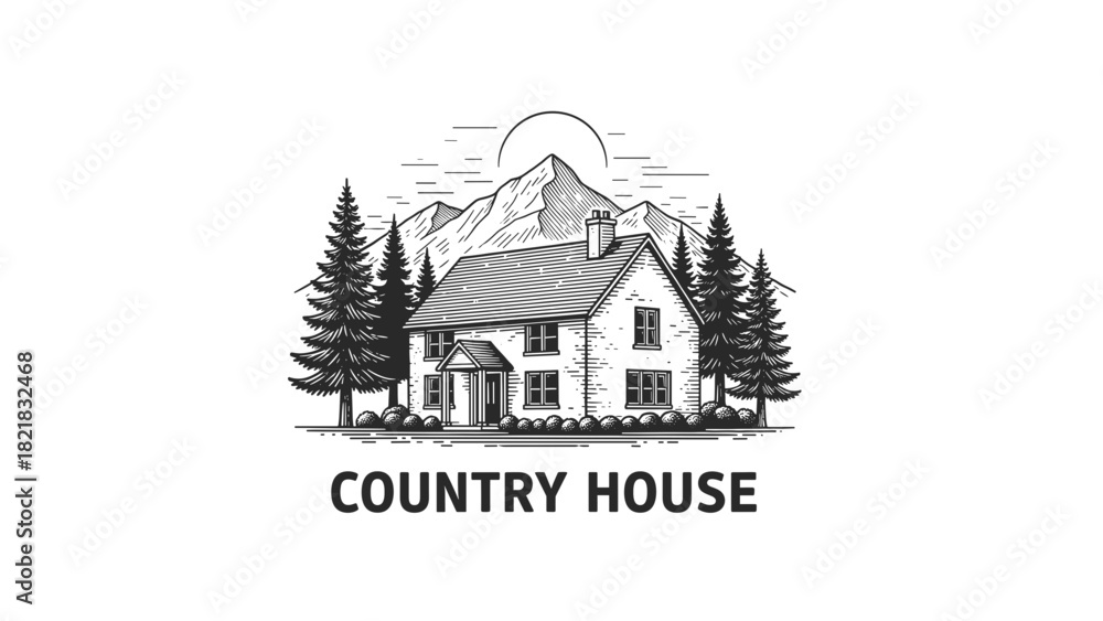 Fototapeta premium Black and white illustration of a country house with mountain view