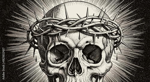 Artistic skull with thorn crown graphic depicting mortality and symbolism
