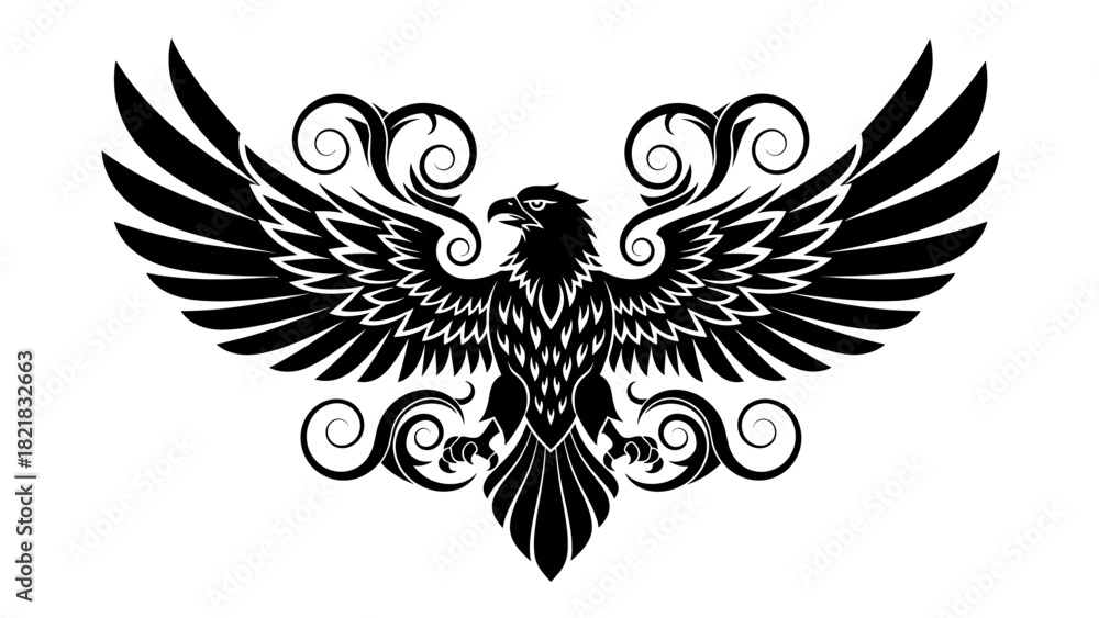 Obraz premium Black eagle with spread wings ornament isolated on white background