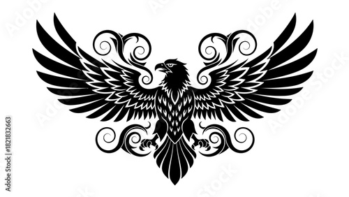 Black eagle with spread wings ornament isolated on white background