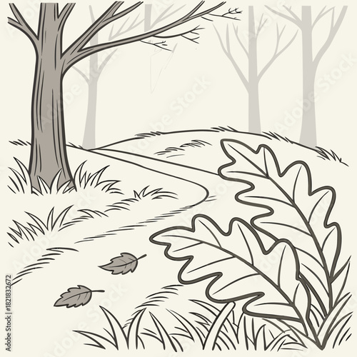 Autumnal Forest Floor with Fallen Leaves and Bare Trees.