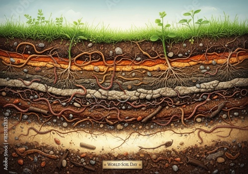 A captivating crosssection of soil layers, revealing the intricate network of roots, worms, and organic matter beneath the surface