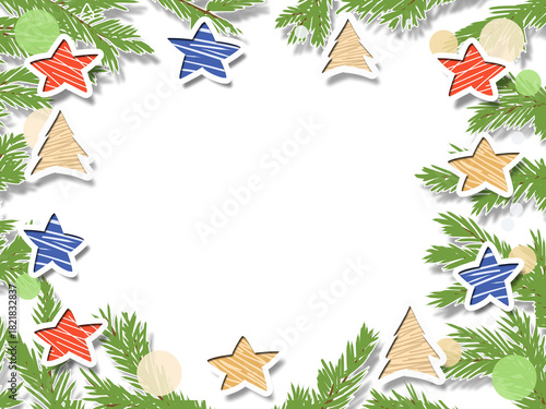 New Year's frame made of fir branches with stars and balls with a transparent background