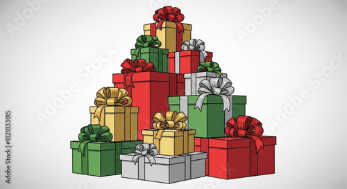 Festive stack of colorful Christmas presents with bows, perfect for holiday cheer and gift-giving promotions, originally a scalable vector graphic
