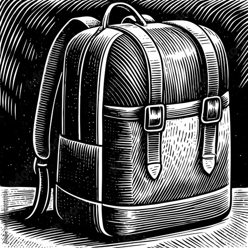 Detailed Woodcut Illustration of a Classic Backpack.