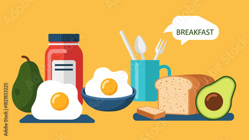 Breakfast still life eggs avocado bread and utensils on yellow background