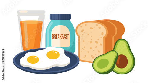 Breakfast still life eggs toast avocado and orange juice illustration