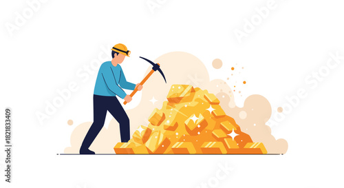 Miner in a hard hat using a pickaxe to mine a large pile of shiny gold bars and nuggets for wealth concept.