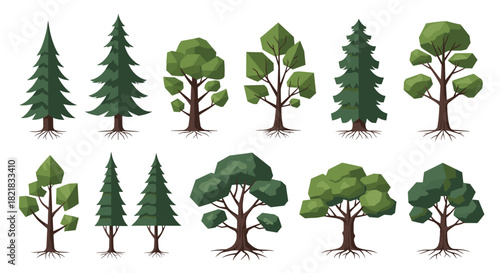 Set of various stylized forest trees including pine and deciduous types with visible roots on a clean white background.