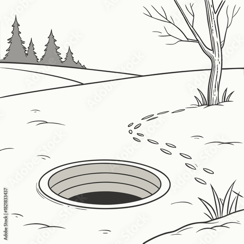 Illustration of a Hole in the Ground with Animal Tracks.