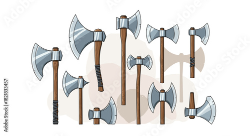 Collection of various medieval battle axes with wooden handles and sharp steel blades for a viking or fantasy theme.