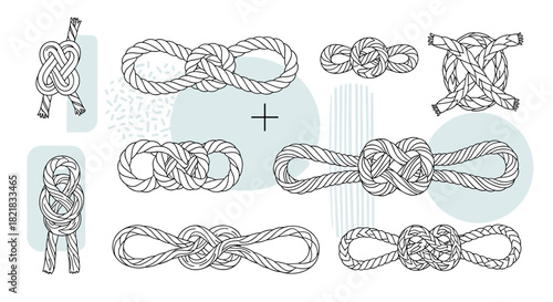 Set of various nautical rope knots shown in a black and white line art style for sailing or decorative purposes.