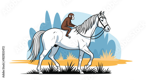 Funny illustration of a small monkey riding on the back of a large white horse through a grassy field with trees.