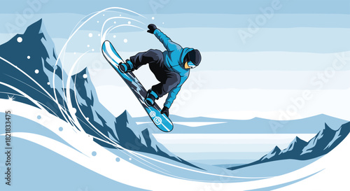 Snowboarder performing an impressive mid-air jump against a snowy mountain landscape in a dynamic action vector illustration.