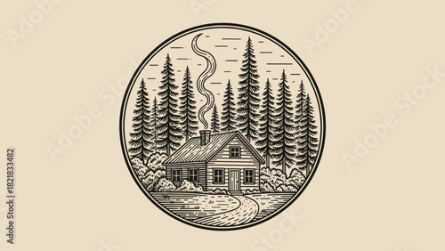 Cabin in the woods illustration serene nature scene with detailed trees