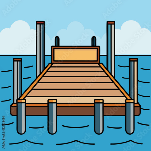 Illustration of a wooden pier extending into calm blue water.