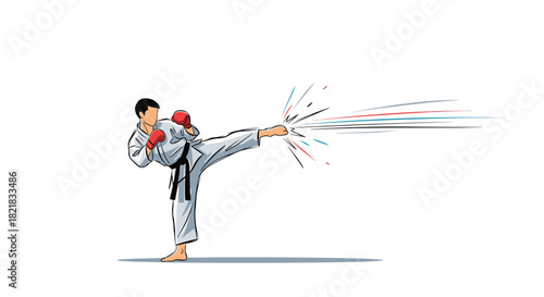 Karate fighter in a white gi executing a powerful high kick with speed lines showing the motion on a white background.