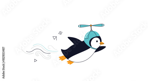 Cute cartoon penguin wearing a propeller hat and flying through the air like a helicopter on a white background.
