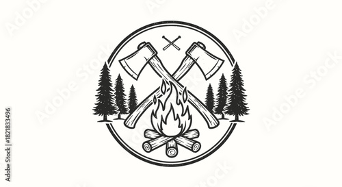 Camping emblem with crossed axes campfire and pine trees isolated design