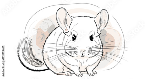Detailed black and white line art portrait of a cute fluffy chinchilla with soft fur and long whiskers on a light backdrop.