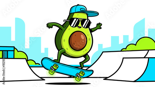 Cartoon avocado character skateboarding on a ramp with sunglasses and cap