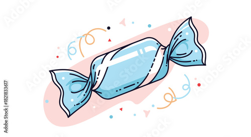 Colorful cartoon illustration of a sweet candy in a shiny blue wrapper surrounded by festive confetti for a celebration.