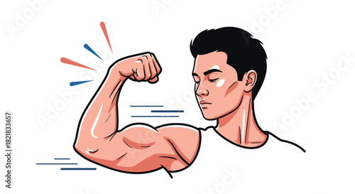 Strong young man flexing his powerful bicep muscle to demonstrate strength fitness and bodybuilding on a white background.