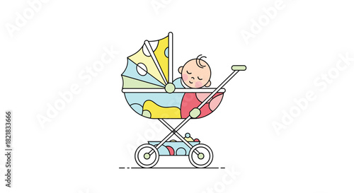 Cute cartoon baby sleeping soundly in a colorful modern baby stroller or pram isolated on a clean white background design.