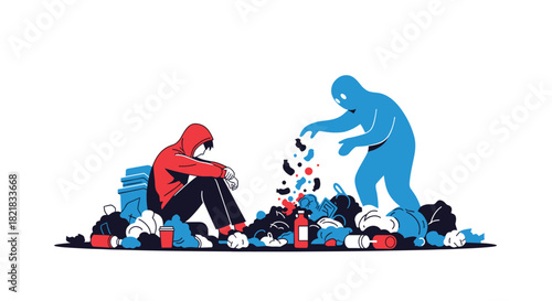 Conceptual illustration of a depressed person in a trash pile with a blue figure adding more symbolizing mental health issues.