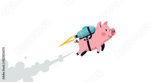 Funny cartoon pig flying through the air with a jetpack leaving a smoke trail as a symbol of impossible dreams coming true.
