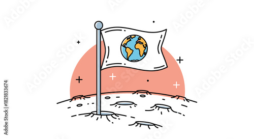 Cartoon flag with planet Earth planted on the cratered surface of the moon symbolizing space exploration and colonization.