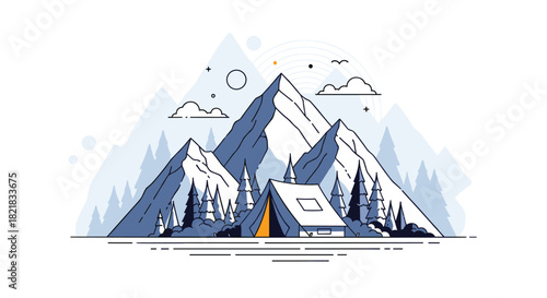 Beautiful line art landscape with a glowing tent pitched in a pine forest at the base of majestic snow-capped mountains.