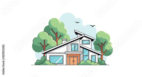 Vector illustration of a stylish modern family house with large windows nestled among green trees and bushes in nature.