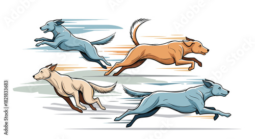Dynamic vector illustration of four greyhound-like dogs running at full speed in a race on a minimal background design.
