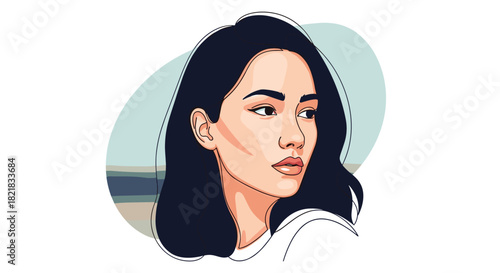 Beautiful vector portrait of a young woman with long dark hair and elegant features looking away on a minimal background.