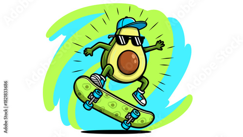 Cartoon avocado on skateboard performing action with abstract background