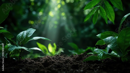 A serene view of lush green leaves illuminated by soft sunlight, casting shadows on the rich soil, capturing the essence of tranquility and nature's beauty.