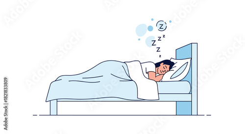 Young man sleeping peacefully in his bed under a blue blanket with Z-z-z symbols floating above his head at night.