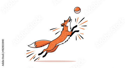 Playful cartoon red fox jumping high in the air to catch a small ball with dynamic motion lines on a white background.