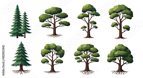 Collection of various stylized green trees including pine and deciduous types with visible roots for landscape design sets.