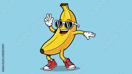 Cartoon banana character wearing sunglasses isolated against blue background