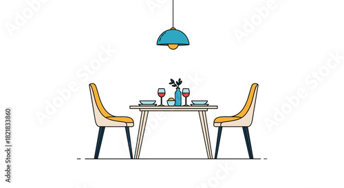 Minimalist illustration of a dining room interior with a table set for a romantic dinner for two with wine glasses.