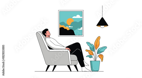 Man relaxing comfortably in a modern armchair at home next to a potted plant and a painting in a minimalist interior.