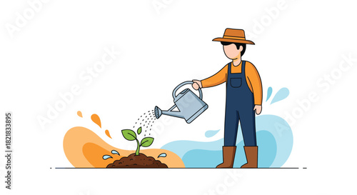 Farmer in overalls and a hat using a watering can to nurture a small green sprout growing from the soil for agriculture.