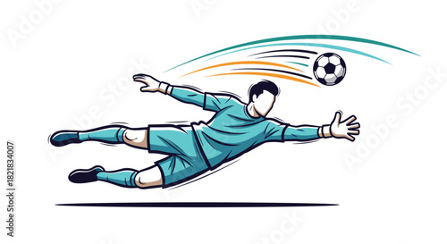 Dynamic illustration of a soccer goalkeeper in mid-air diving to save the ball from scoring a goal during a match.