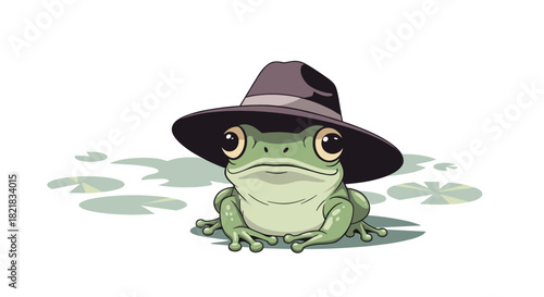 Cute green frog character wearing a stylish brown fedora hat sitting on a lily pad in a pond on a white background.