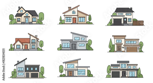 Collection of nine different modern suburban houses and residential buildings in a simple line art and color style.