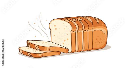 Cartoon illustration of a fresh loaf of sliced white bread with steam rising from it on a clean white background.